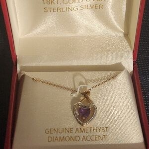 18ct Gold Over Sterling Chain Link Heart Necklace W/ Diamond Accents & Amethyst